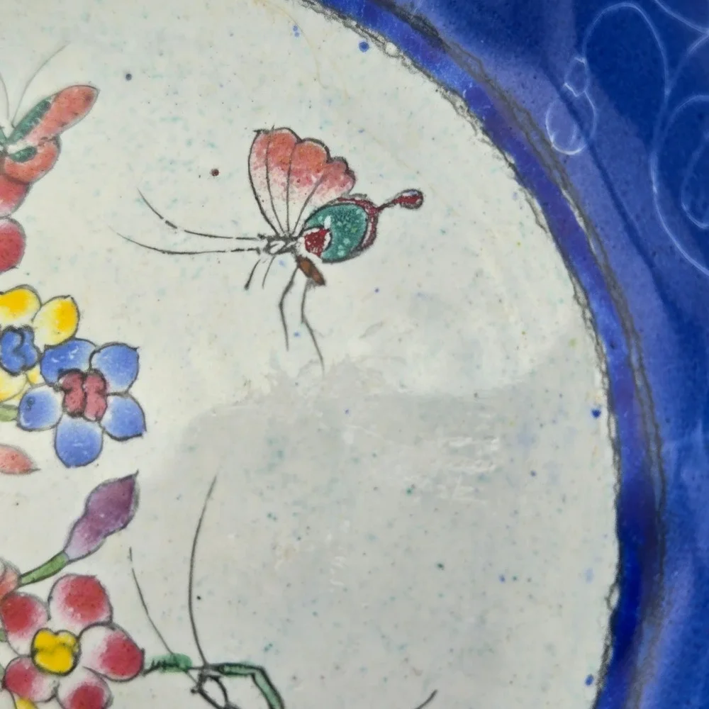 Vintage Chinese Canton Enamel Butterfly Mantis Floral Trinket Bowl Hand Painted
